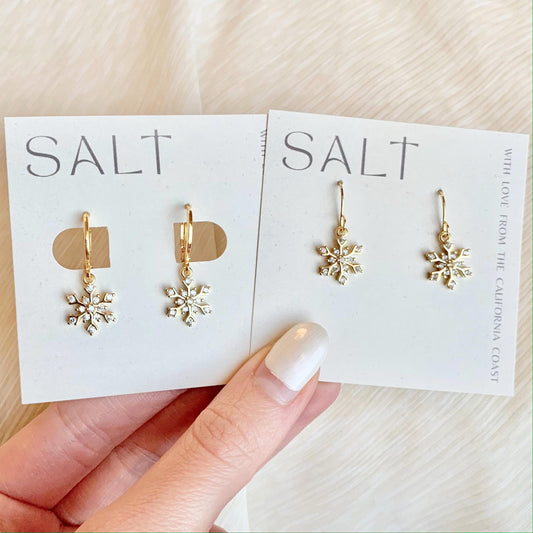GOLD SNOWFLAKE EARRINGS | gold snowflake hoop or hook earrings | holiday jewelry | sparkly Christmas earrings | chic snow flake dangles