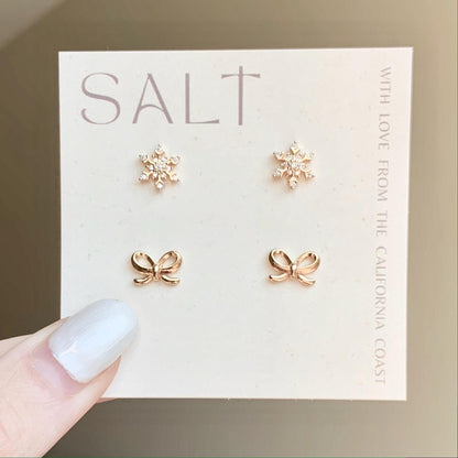 BOWS & SNOWFLAKES STUDS | 18k gold | holiday earrings | dainty bow stud earrings | Christmas earrings | snowflake studs | bow tie earrings