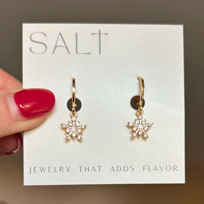 GOLD SNOWFLAKE HOOPS | gold snowflake huggie hoop earrings | holiday jewelry | sparkly Christmas earrings | gold winter earrings