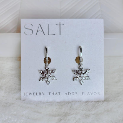 SILVER SNOWFLAKE HUGGIES | silver snow flake hoop earrings | holiday jewelry | sparkly Christmas earrings | chic snowflake hoops | platinum