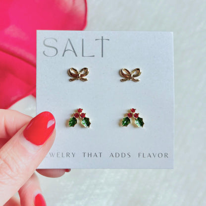 CHRISTMAS STUD EARRINGS | 18k gold | dainty bow stud earrings | winter earrings | Christmas ear stack | hypoallergenic holiday earrings