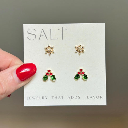 CHRISTMAS STUD EARRINGS | 18k gold | dainty snowflake earrings | winter earrings | Christmas ear stack | hypoallergenic holiday earrings