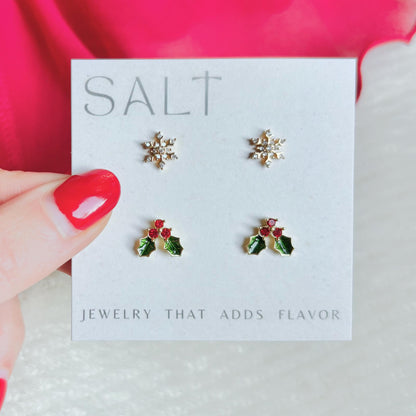 CHRISTMAS STUD EARRINGS | 18k gold | dainty snowflake earrings | winter earrings | Christmas ear stack | hypoallergenic holiday earrings