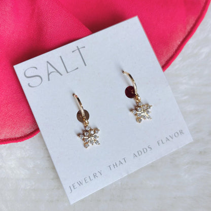 GOLD SNOWFLAKE HOOPS | gold snowflake huggie hoop earrings | holiday jewelry | sparkly Christmas earrings | gold winter earrings