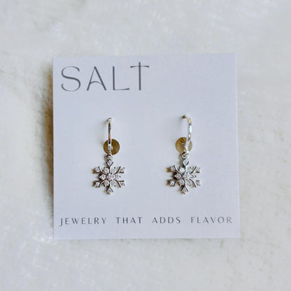 SILVER SNOWFLAKE HUGGIES | silver snow flake hoop earrings | holiday jewelry | sparkly Christmas earrings | chic snowflake hoops | platinum