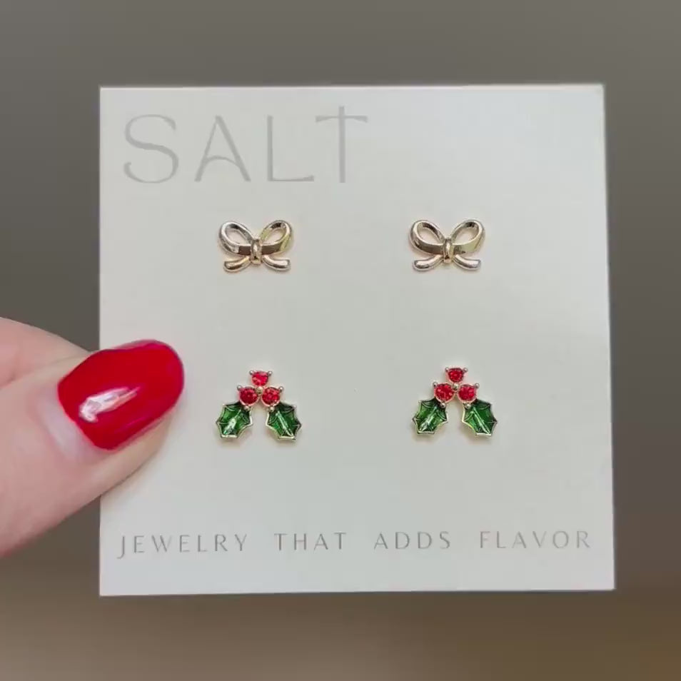 CHRISTMAS STUD EARRINGS | 18k gold | dainty bow stud earrings | winter earrings | Christmas ear stack | hypoallergenic holiday earrings