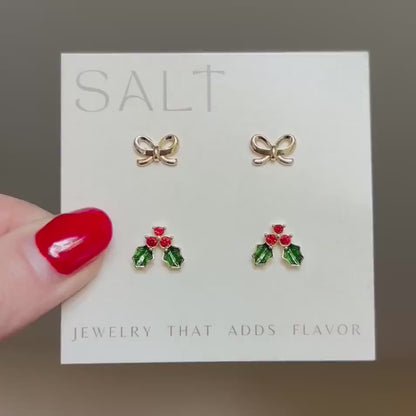 CHRISTMAS STUD EARRINGS | 18k gold | dainty bow stud earrings | winter earrings | Christmas ear stack | hypoallergenic holiday earrings
