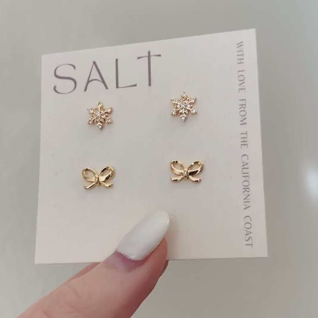 BOWS & SNOWFLAKES STUDS | 18k gold |  holiday earrings | dainty bow stud earrings | Christmas earrings | snowflake studs | bow tie earrings