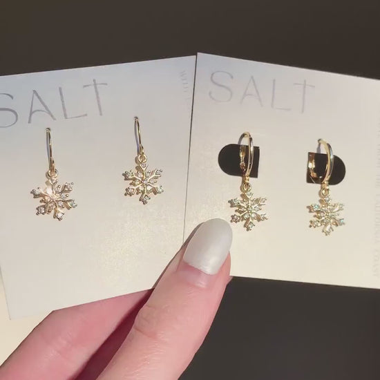 GOLD SNOWFLAKE EARRINGS | gold snowflake hoop or hook earrings | holiday jewelry | sparkly Christmas earrings | chic snow flake dangles