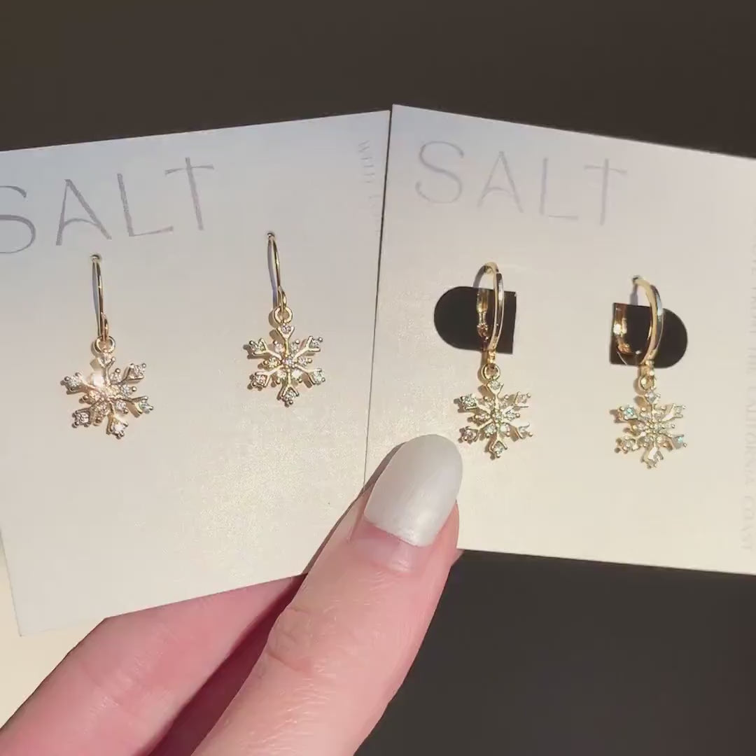GOLD SNOWFLAKE EARRINGS | gold snowflake hoop or hook earrings | holiday jewelry | sparkly Christmas earrings | chic snow flake dangles